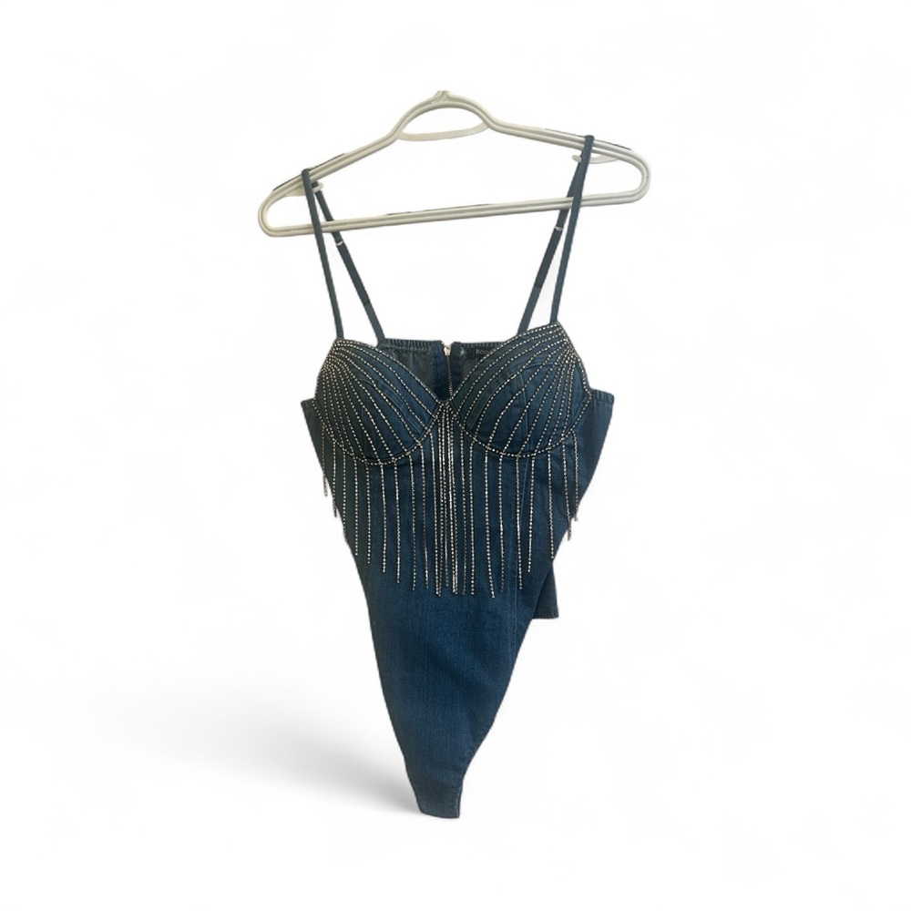 Blashe Denim Rhinestone Fringe Corset Bodice Bodysuit Dark Wash Blue Medium